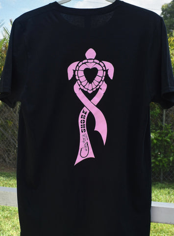 Sea Turtle Ribbon - Breast Cancer Awareness - Black Short Sleeve Tee
